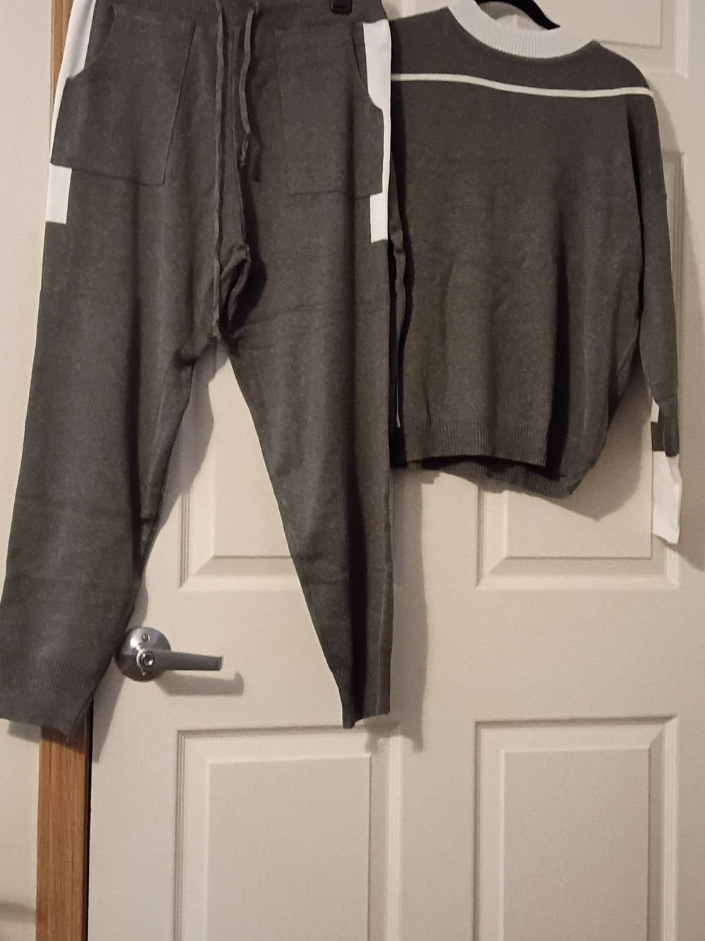 Source Unknown Gray Knit Pantsuit with White Stripe Accents
